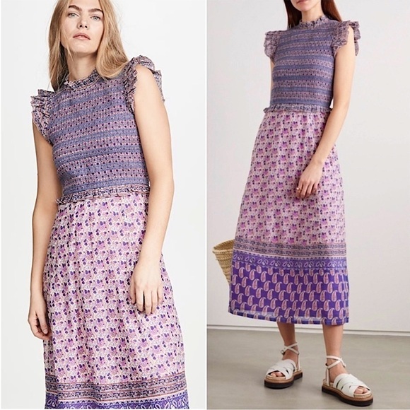 SEA NY Lilac Floral Paisley Stripe Smocked Ruffle Trim Flutter Sleeve Dress 2 - Picture 2 of 14